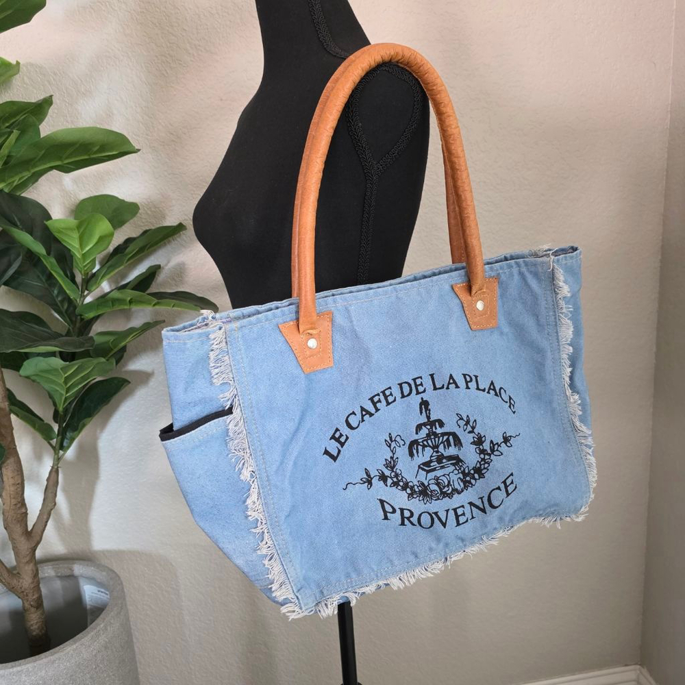 Women's Unbranded Light Blue Denim Tote Bag with Brown Handles One Size